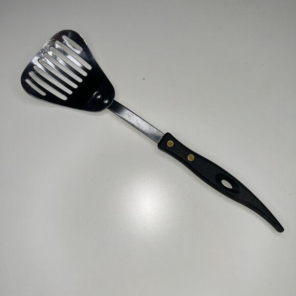 Vintage Kitchen Utensil Slotted Spoon Cooking Serving Stainless Black Handle - Picture 1 of 10